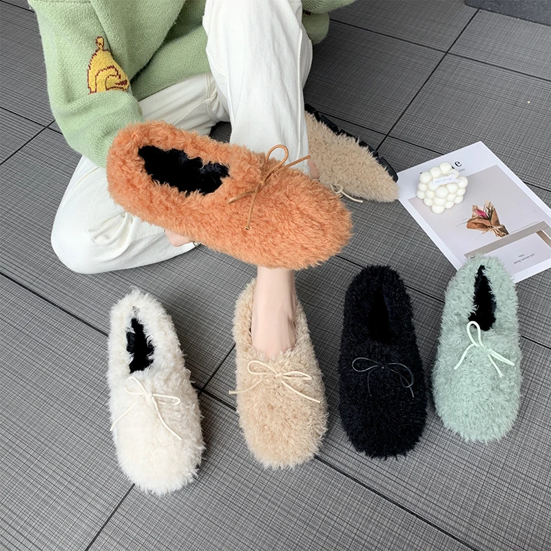 

Casual Woman Platform Shoes Women's Moccasins Modis Round Toe Bow-Knot Loafers Fur All-Match Autumn Slip-on Shallow Mouth Flats