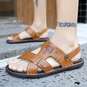

Summer Caucal Genuine Leather Lazy Sandals Men Outdoor Beach Sandals Flat Comfortable Breathable Water Trekking Shoes Large Size