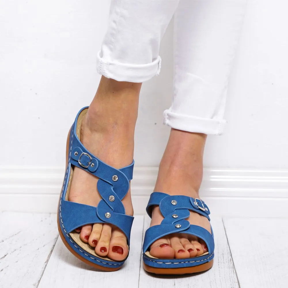

EOEODOIT Summer Low Heel Sandals Casual Leather Open Toe Slip On Women Shoes Plus Size Female Drags Slides