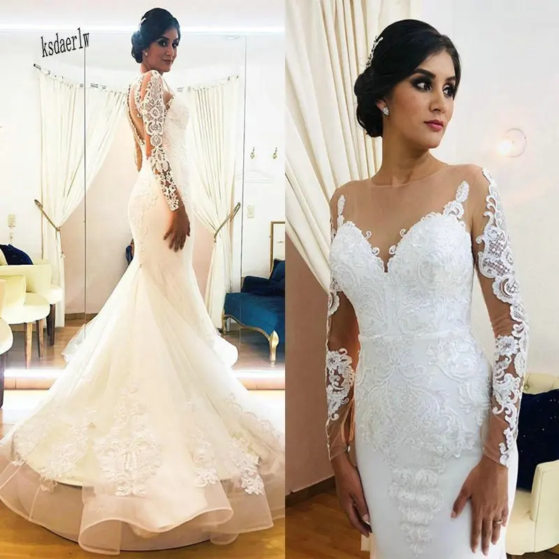 Иллюзия с длинным рукавом Русалка Свадебные платья Воротник Sheer Jewel Кружева Аппликация Труба развертки поезд Aso Ebi невеста, свадебное платье