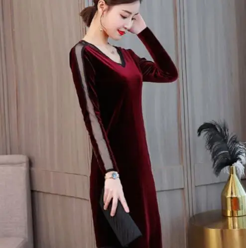Burgundy Long Sleeve Осенне-зимнее платье, высокое качество, плюс размер, 3XL, v-образный вырез, цветочный принт, пять точек, рукав, женское бархатное платье - Цвет: Burgundy Long Sleeve