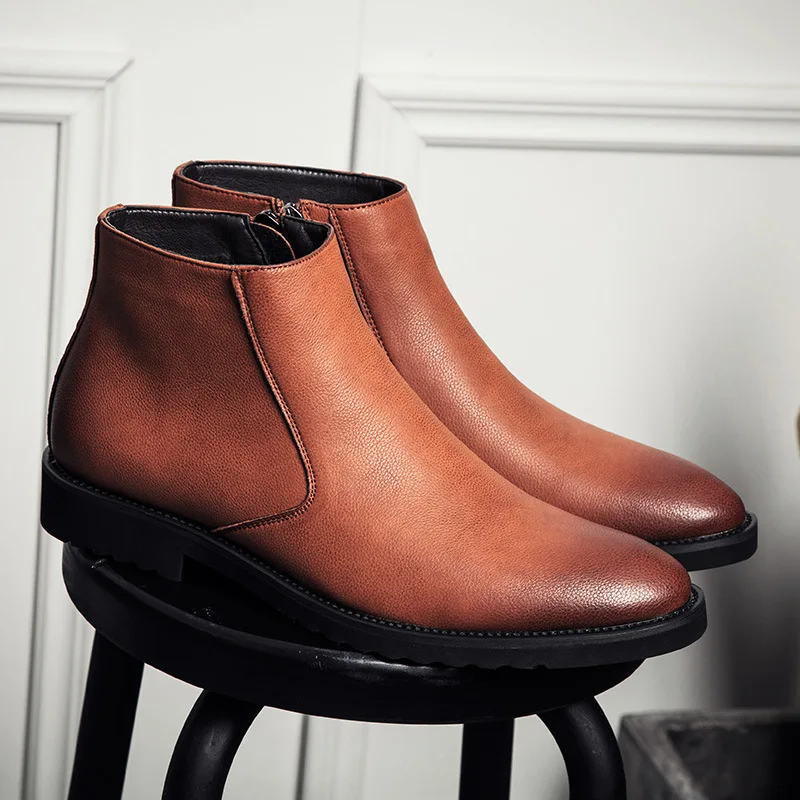 Fashion Thin Simple Zipper Men Leather Boots Gray Black Brown Big Size 38-45 British Style Pointed Toe Chelsea dfv4 | Обувь