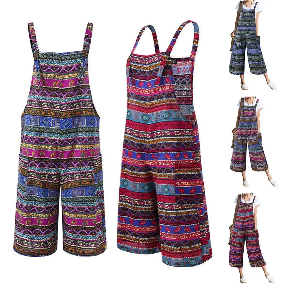 Women Jumpsuits Summer Overalls Multicolor Ethnic Style Sleeveless Casual Rompers with Pockets for Girls Playsuit Capri Pants