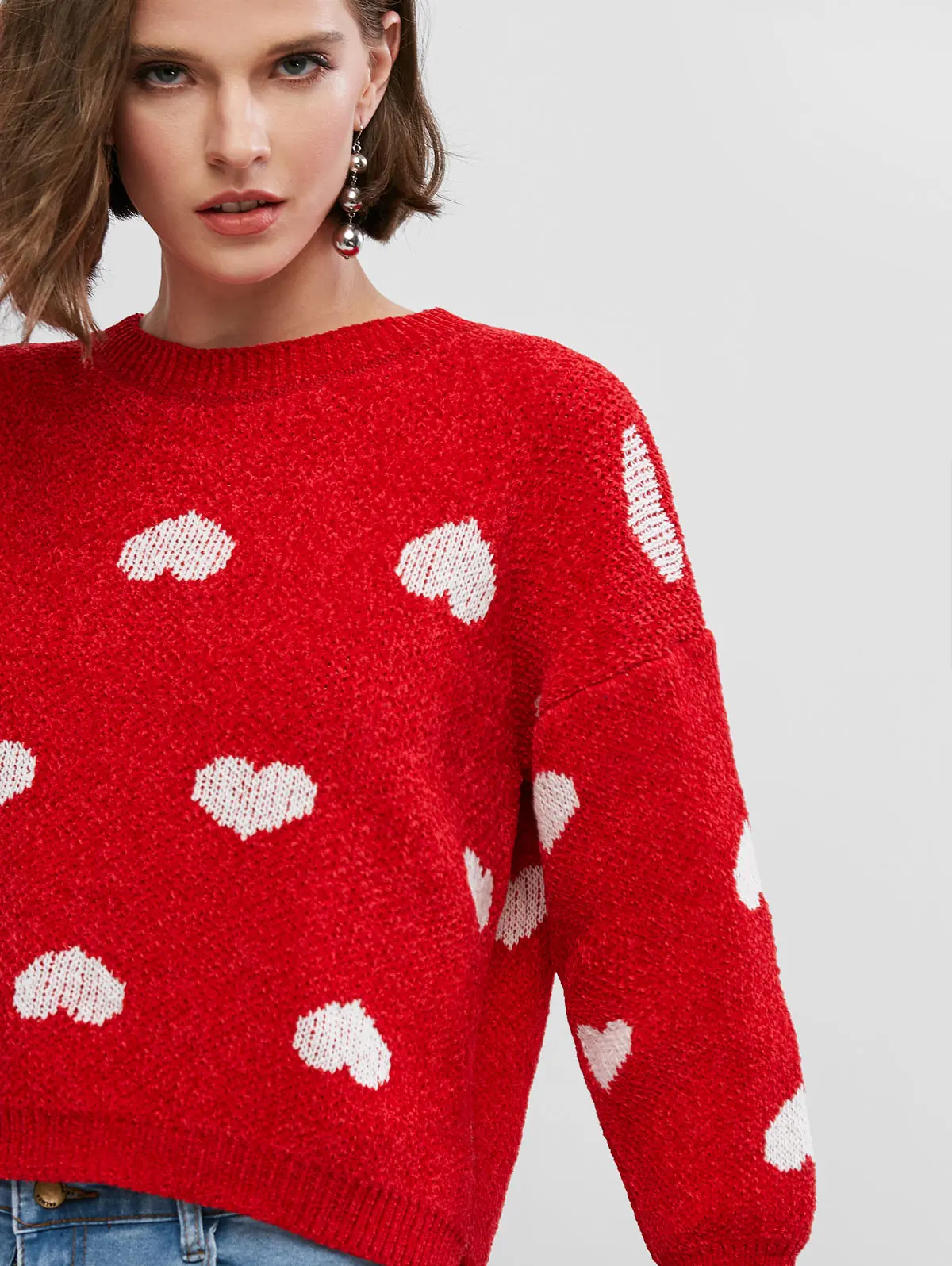 ZAFUL свитер с узором в виде сердца, эластичный свитер с заниженным плечом, Свитера на День святого Валентина, пуловер с вырезом лодочкой, рождественский джемпер, повседневный женский