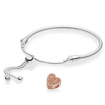 

2019 NEW 100% 925 Sterling Silver New ROSE OPENWORK CHARM Bead with Romance Sliding Armband MOMENTS SLIDING BRACELE Set
