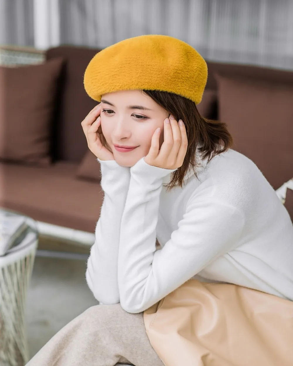 Otomino Invierno moda mujer boina sombrero de piel de conejo sombrero grueso calentador boina mujer sombrero para mujer