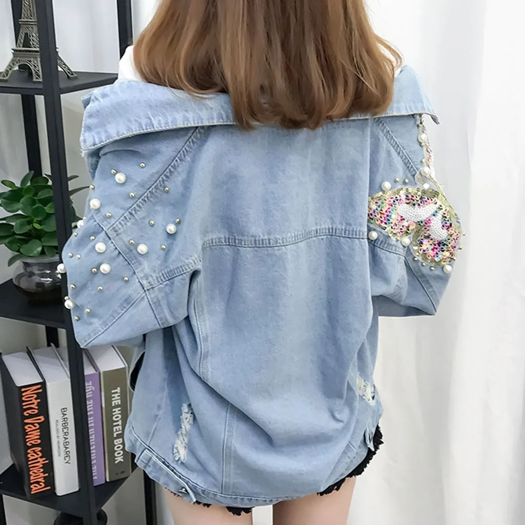 

Women Jacket Button Long Sleeve Pearl Beading Denim Open Front Jean Jacket Overcoat Women Coats Female outwear Denim Feminine