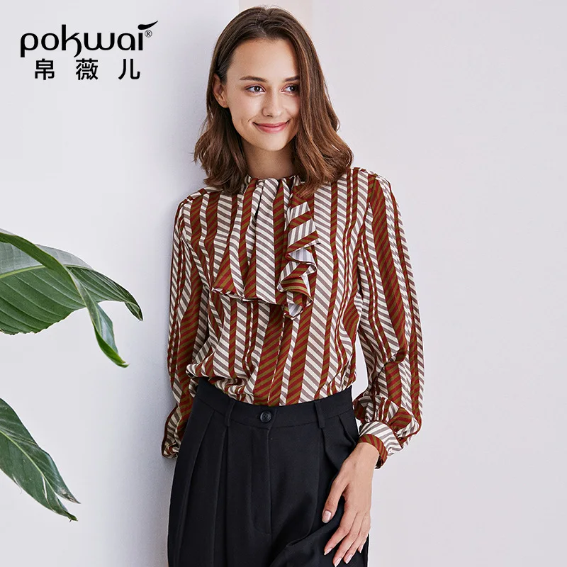 

POKWAI 100% silk blouse work wear shirts casual and formal style top
