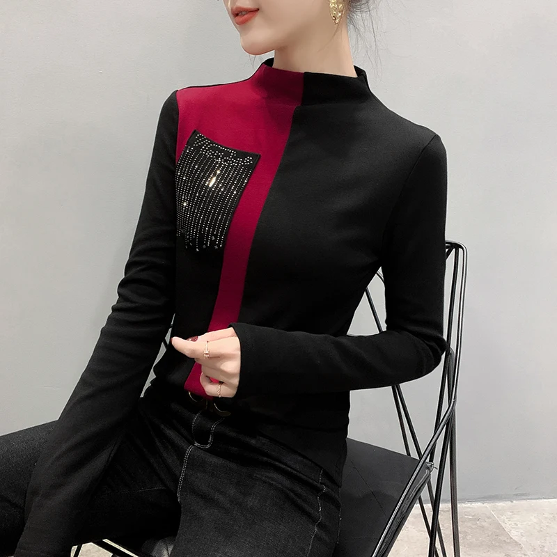 Blusas Mujer De Moda, Корейская тонкая рубашка с длинным рукавом для женщин, модные офисные женские топы, повседневные топы с круглым вырезом и стразами 7840 50
