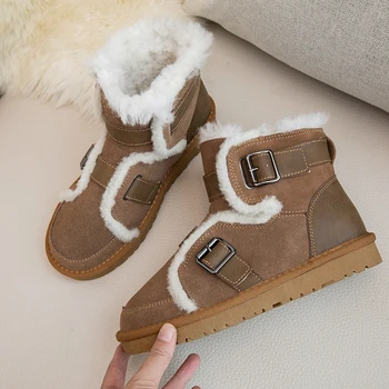 

Women's natural suede leather double metal buckle slip-on flats snow boots warm plush female cold weather short ankle boots shoe