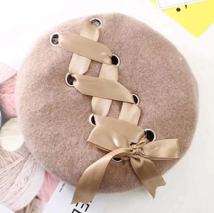 Harajuku женский бант лента мягкий берет шапка для Одежда для девочек Элегантный Пушистый плющовый береты