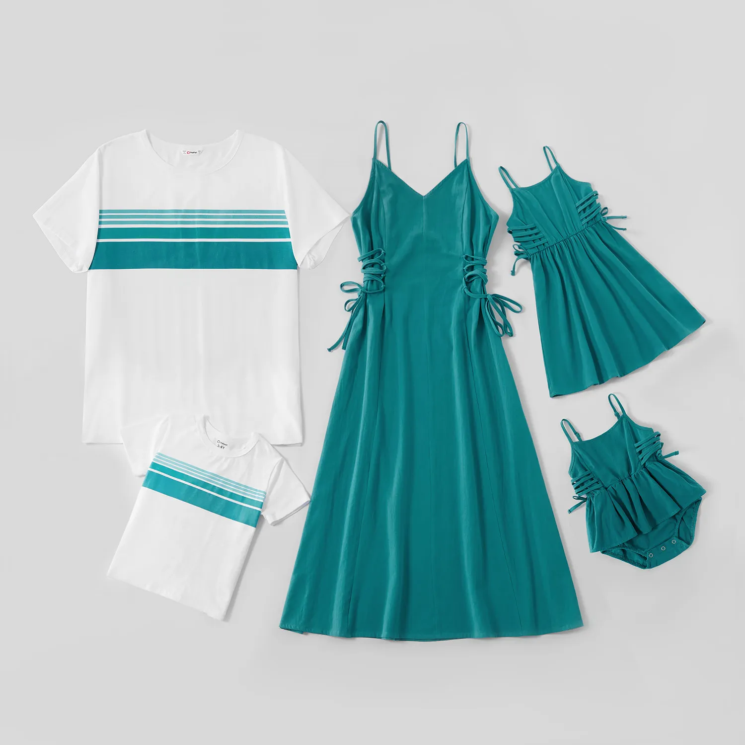 100%Cotton-Sets Turquoise Family Matching Family-Look Summer Mosaic Patpat Tank-Dresses-Rompers-Tops