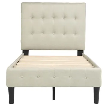 

Modern Upholstered Platform Bed with Wooden Slat Support and Tufted Headboard Easy to Assemble Bed Frame Bedroom Furniture