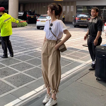 

Korean Style Women Khaki Harem Pants Solid Color High Waist Autumn Streetwear Gothic Loose Preppy Trousers 2020