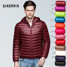 SINGRAIN мужской пуховик с капюшоном, ультра-светильник, зимняя верхняя одежда, ветровка, Ультра тонкое теплое пальто, портативное белое пуховое пальто