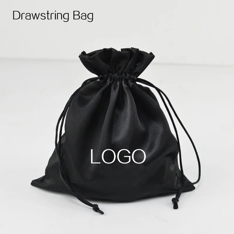 Drawstring Bag Jewelry Pouch Black Satin Gift Bag Wood Ear Pocket Hair Extensions Packaging Bags Manufacturer Custom Logo 50P