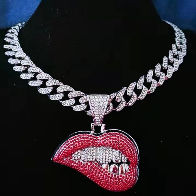 Iced Out Miami Cuban Link Chain Crystal Red Sexy Lips Pendant Necklace