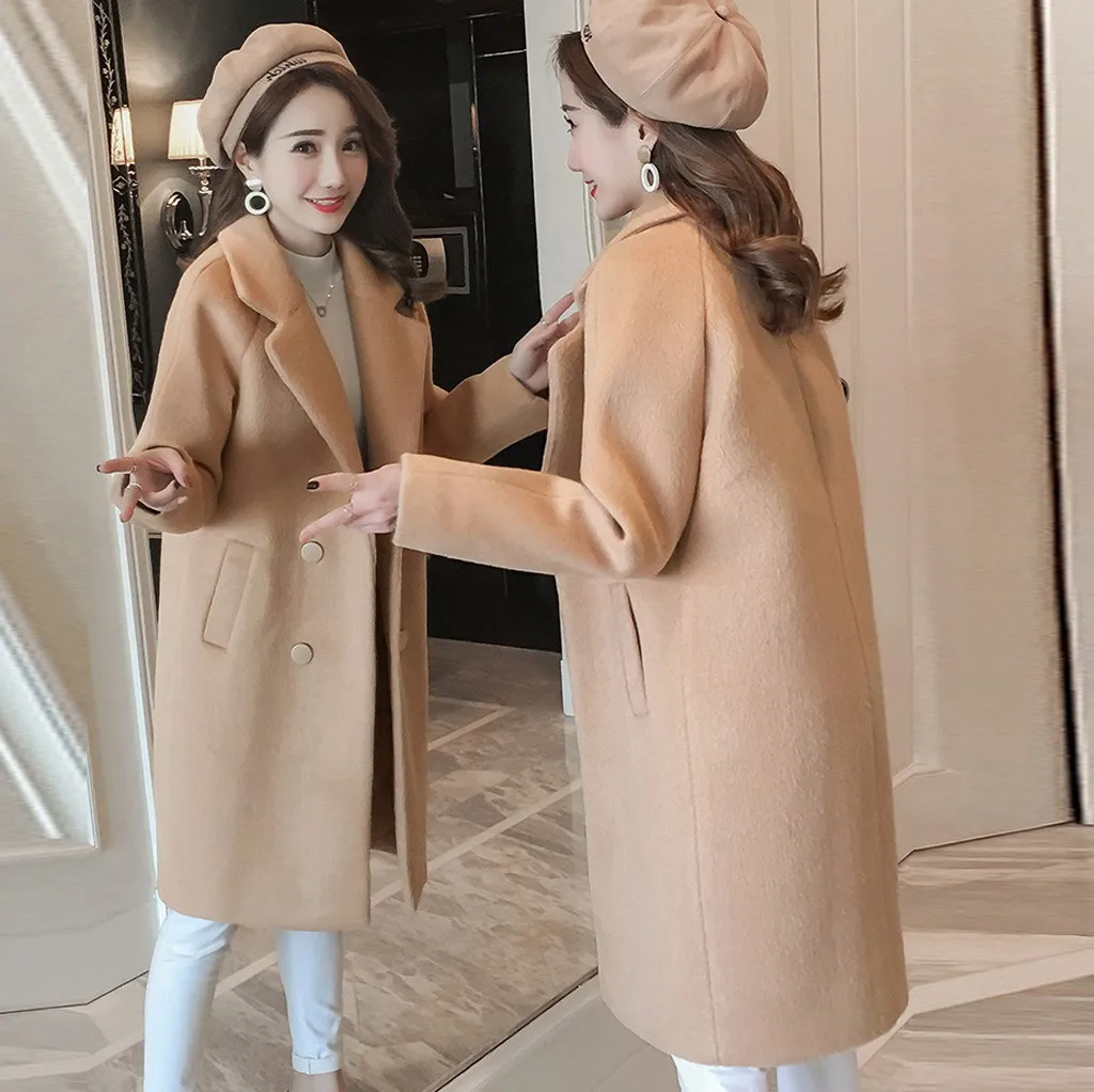 Женское шерстяное пальто для работы, одноцветное, винтажное, с карманами, для офиса, с длинным рукавом, на пуговицах, шерстяное пальто, зимнее, утолщенное, теплое, с отложным воротником, пальто