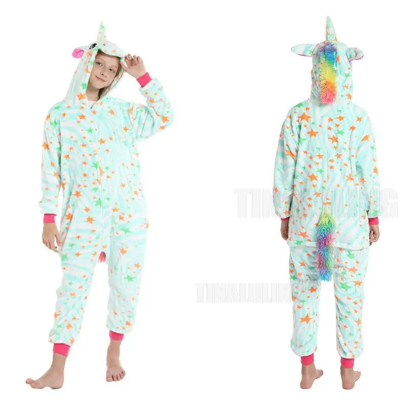 New Winter Boys Girls Cute Kigurumi Cartoon Animal Licorne Kids Hooded Pyjama Sleepwears Jumspuit Unicorn Rainbow Girls Pijamas