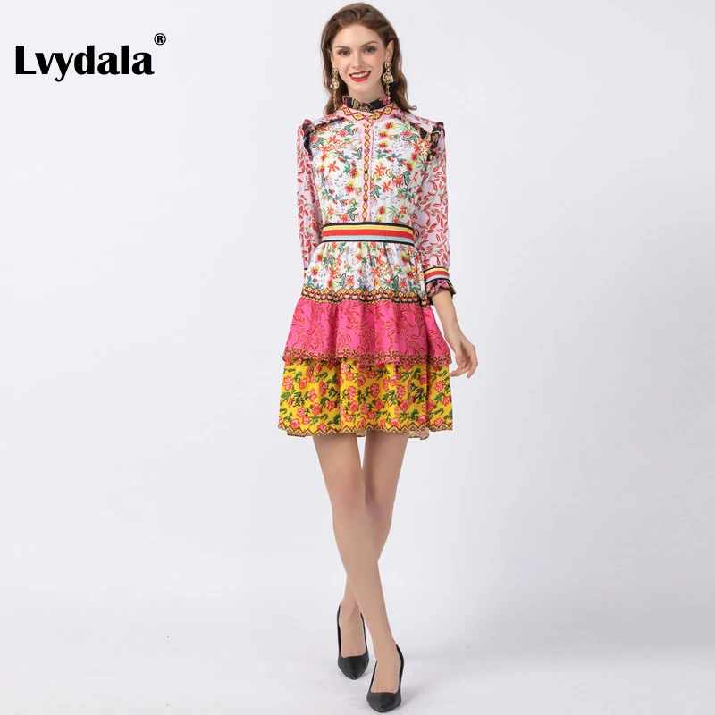 Lvydala, модное дизайнерское платье, весна-лето, женское платье, воротник с рюшами, цветочный принт, оборки, тонкие, элегантные платья