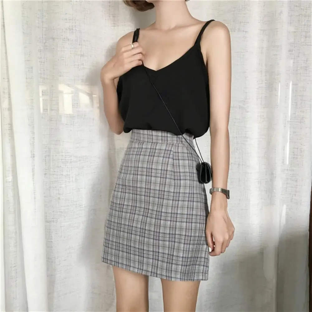 Women Summer High Waist Pleated Plaid Skirt A-Line Mini Skirts Female Women Skirts Above Knee Skirts Bodycon School Party