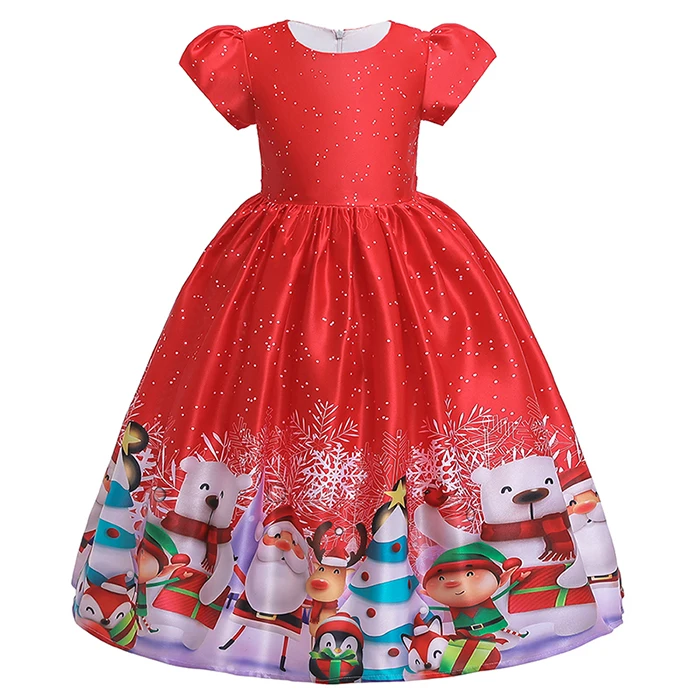 Рождественское свадебное платье для девочек от 4 до 14 лет, вечерние платья для девочек на Рождество, сатин с рисунком оленя, детское платье принцессы для подростков