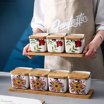 

Hand-painted Seasoning Pot Salt Pepper Shaker Seasoning Box Kitchen Square Ceramic Wooden Drawer Seasoning Pot with Lid