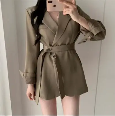 Khaki REALEFT осень зима Новые повседневные однотонные ленты с длинным рукавом женский Блейзер Куртка однобортный женский пиджак Пальто Feminino - Цвет: Khaki