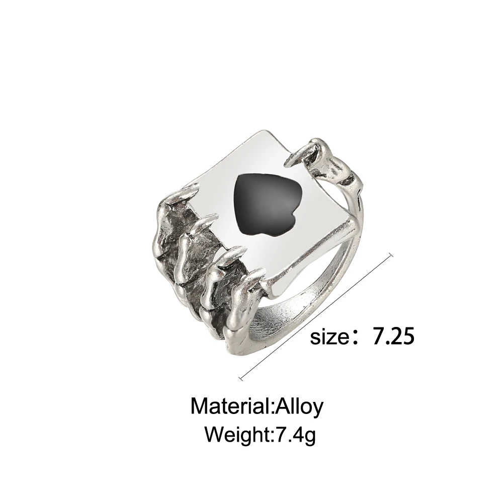 Punk Gothic Heart Ring Set for Women Black Dice Vintage Spades Ace Silver Plated Retro Rhinestone Charm Billiards Finger Jewelry