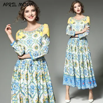 

Fashion Casual Round Neck Catwalk Catwalk Print Dress Elegant Temperament Stitching Big Swing Dresses 2020 Spring New Product