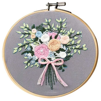 

Full Range Embroidery Starter Kit DIY Cross Stitch Embroidery Handmade Art Sewing Kit,Gray Bouquet