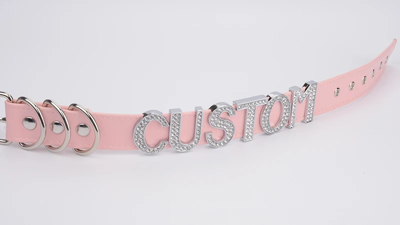 Handmade Silver Crystal Words Necklace Women Custom Choose Big Letters Choker Pink Punk Gothic PU Leather Collar Choker 10