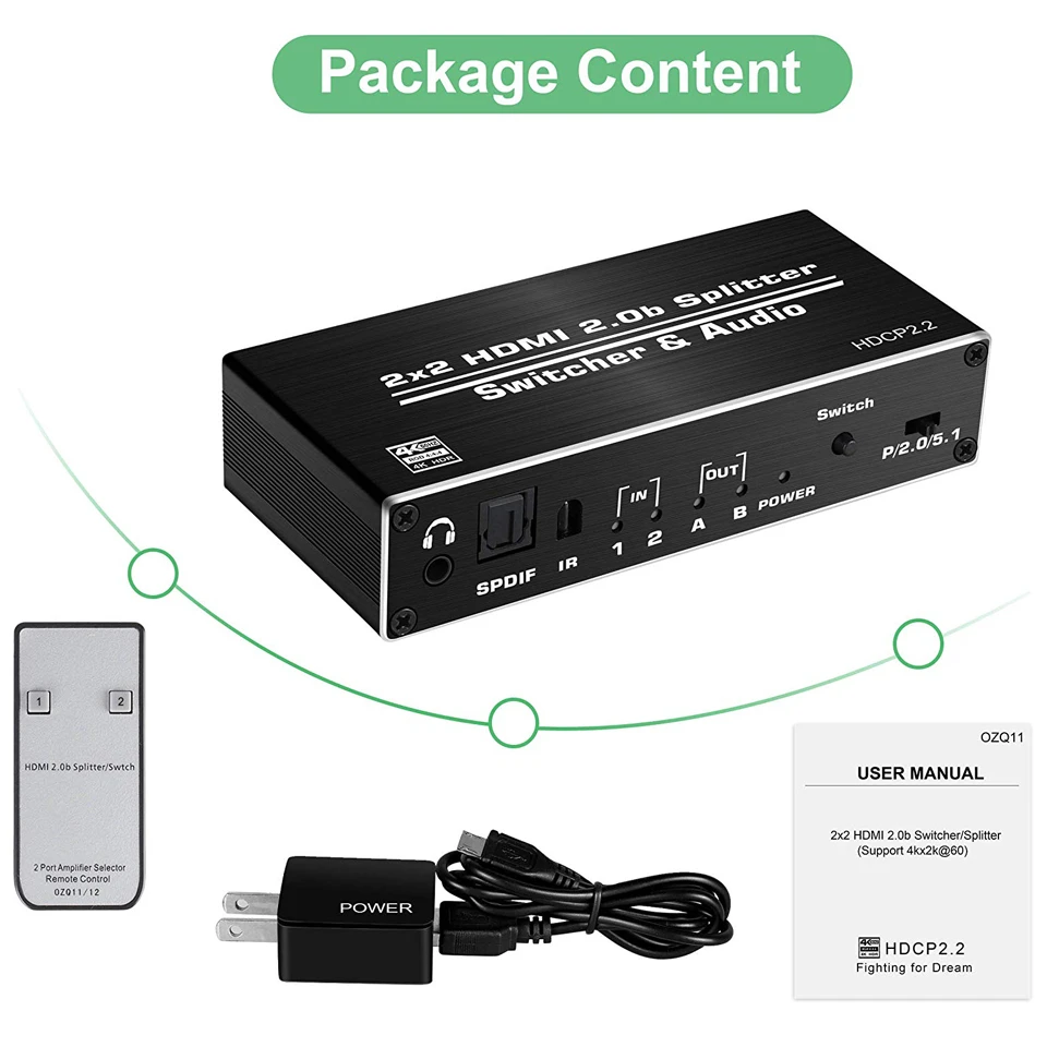 4K HDMI 2,0 переключатель 2 в 2 выход 4K@ 60 Гц, 2x2 HDMI коммутатор разветвитель с оптическим Toslink SPDIF и 3,5 мм разъем аудио экстрактор