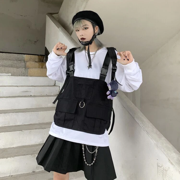Harajuku стиль жилет Мужская Женская безрукавка уличная Регулируемая мода талии пальто карманы, набедренный хоп тактические куртки черный