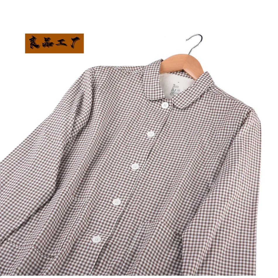 

Pajamas Set MUJI-style Pajamas shuang ceng sha Small Fine Grid Japanese Style Cotton Hipster Couples Home Wear