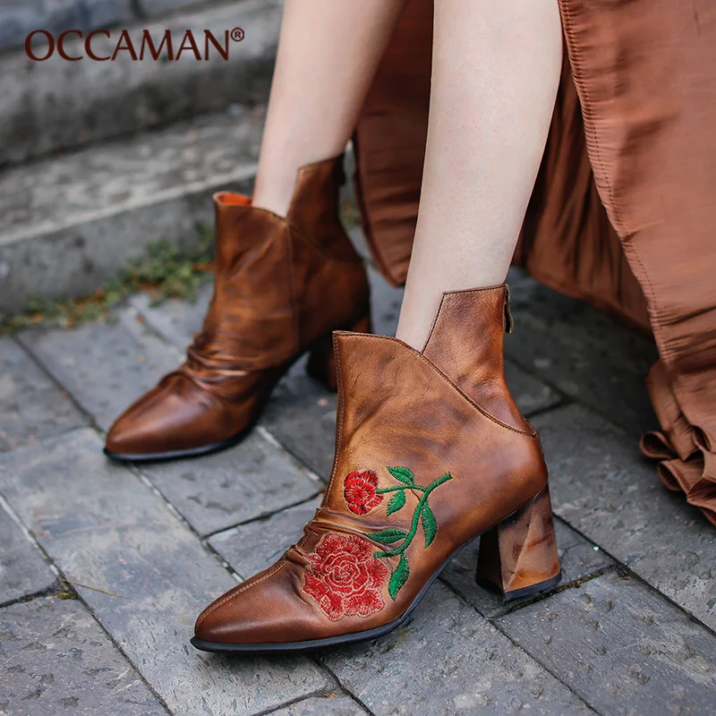 

OCCAMAN Autumn Spring Fashion European Style Elegant Squre Heel Shoes Pointed Toe Casual Women Retro Genuine Leather Pumps 93106
