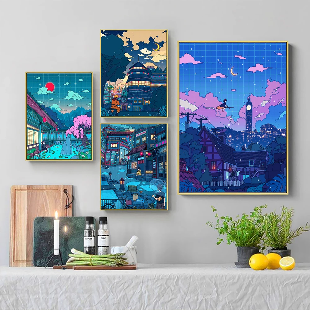 Canvas Wall Art Cartoon View Street Prints Poster Home Decoration Night Tree Manga Cute Painting For Bedroom Modular Pictures