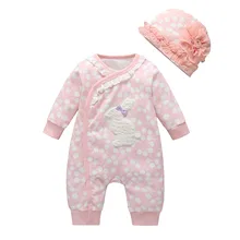 Зимняя одежда для новорожденных девочек утепленный комбинезон принцессы с принтом вишни и кроликом комплекты одежды боди для девочек+ шапки A1