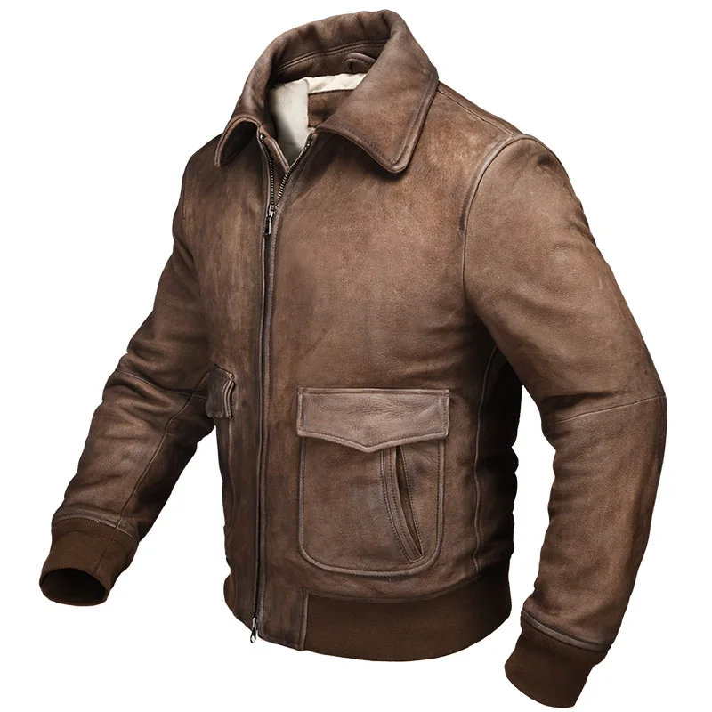 Винтажная коричневая мужская кожаная куртка пилота размера плюс XXXL из натуральной толстой кожи для русской зимы приталенное кожаное пальто авиатора