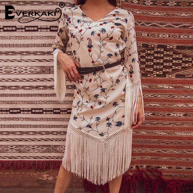 Beige Everkaki мини-платье для женщин с кисточками Boho Цветочный Принт осень длинный рукав повседневное цыганское женское винтажное мини-платье для женщин Новинка - Цвет: Beige