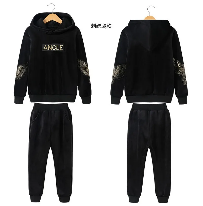 New embroidered boys and girls sun double-sided velvet suit parent-child casual wear thickening plus velvet two-piece sports