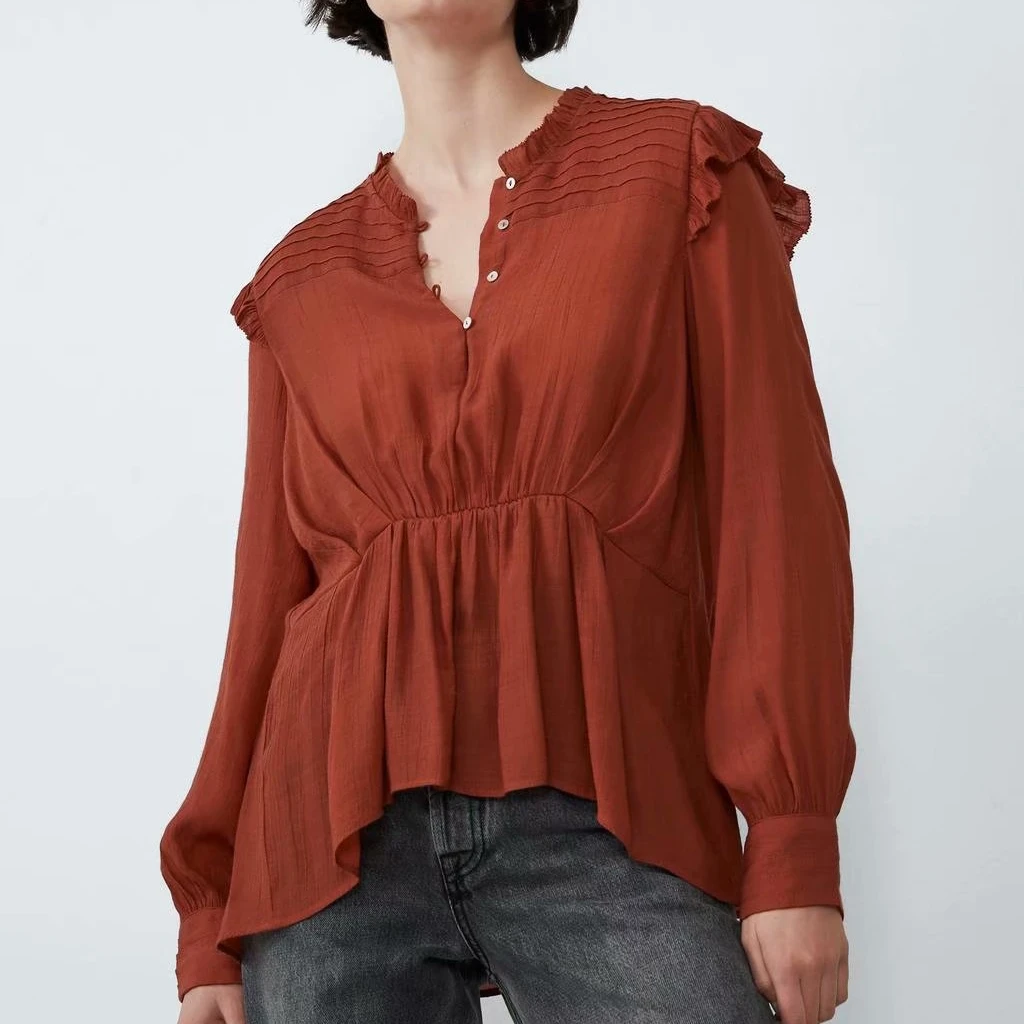 2022 Autumn The New Pleated Laminate Decoration Ruffles Stand Collar Solid Long Sleeve Casual Womens Tops and Blouses