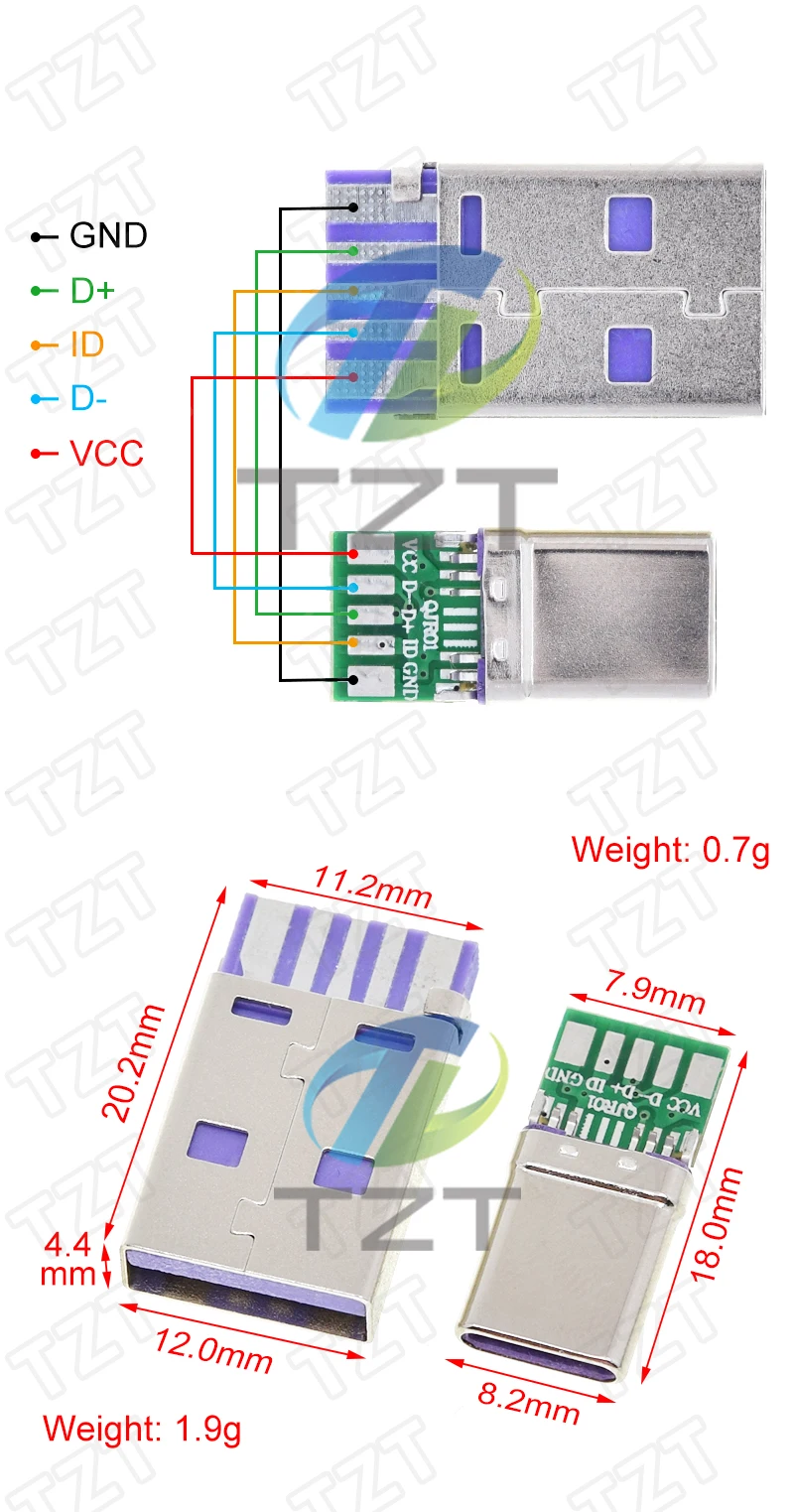 DIYTZT PD Schnellladung Typ-C USB 65W 5A Stecker Schweißen mit 5Pin PCB + Typ A Stecker 5Pin USB DIY OTG Datenladung DIY KIT – Detail 1