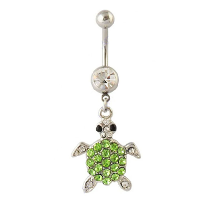 Green Turtle Belly Button Ring White Crystal Rhinestone Navel Piercig Jewelry Dangling Body Belly Piercing Accessories Cute