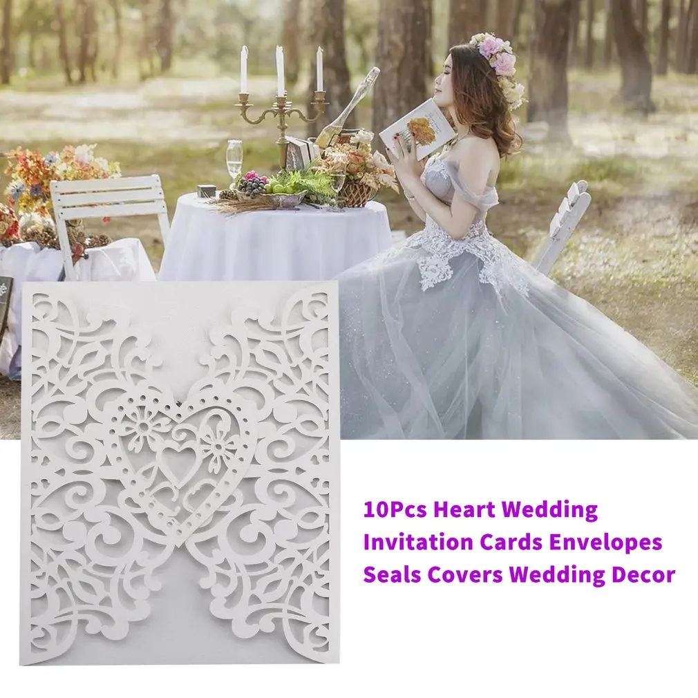  10Pcs Heart Wedding Invitation Cards Laser Cut Hollow Out Envelopes Seals Invitation Covers Wedding - 4.00047E+12