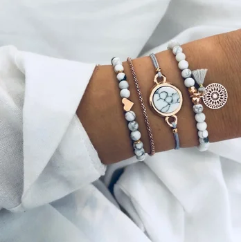 

4 Pcs/set Women's Exquisite Gem Beads Heart Round Geometry Tassel Bracelet Set Bohemian Vintage Jewelry Accessories Gifts