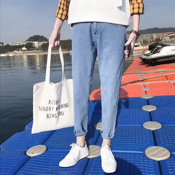 

Fashion Mens Ankle-length Jeans Men 2019 Summer Autumn Streetwear Loose Fit Cuffs Straight Blue Jeans