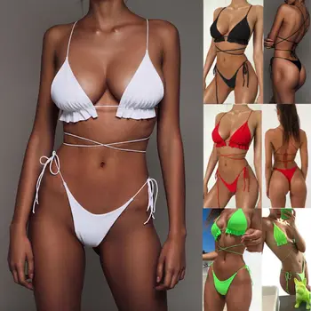 

Women Sexy Bandeau Bandage cross Wrap Bikini Set Push-Up Brazilian Swimwear Beachwear Swimsuit 2020 Mujer Solid Sling Backless