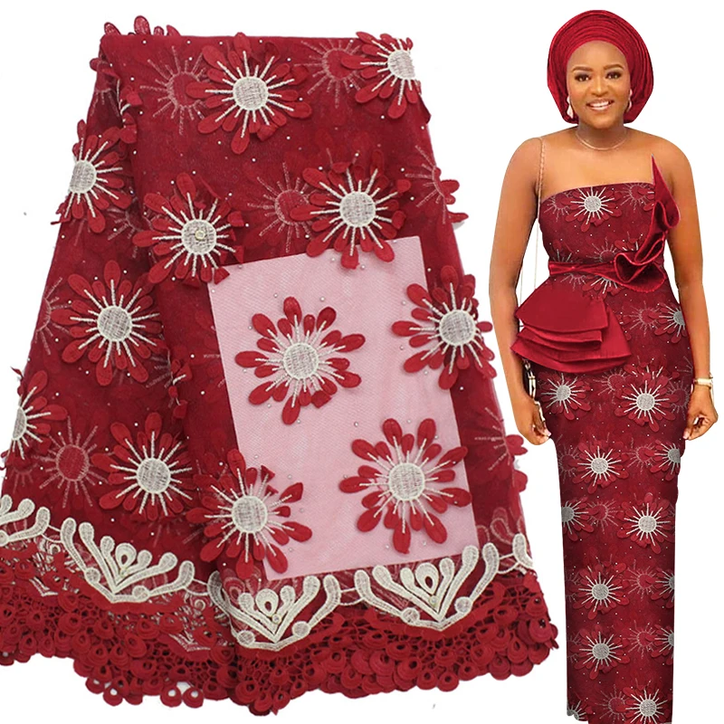 3D Applique Net African Lace Fabric High Quality Hot-Fix French Tulle 5 Yards Dress Party Nigerian Sewing Materials | Дом и сад