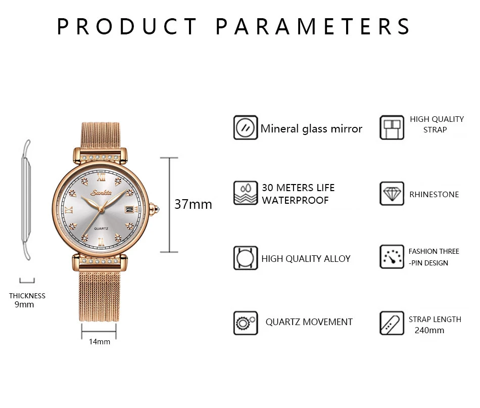 SUNKTA, женские часы из розового золота, кварцевые часы для девушек, Лидирующий бренд, роскошные женские часы, женские часы, Relogio Feminino+ коробка